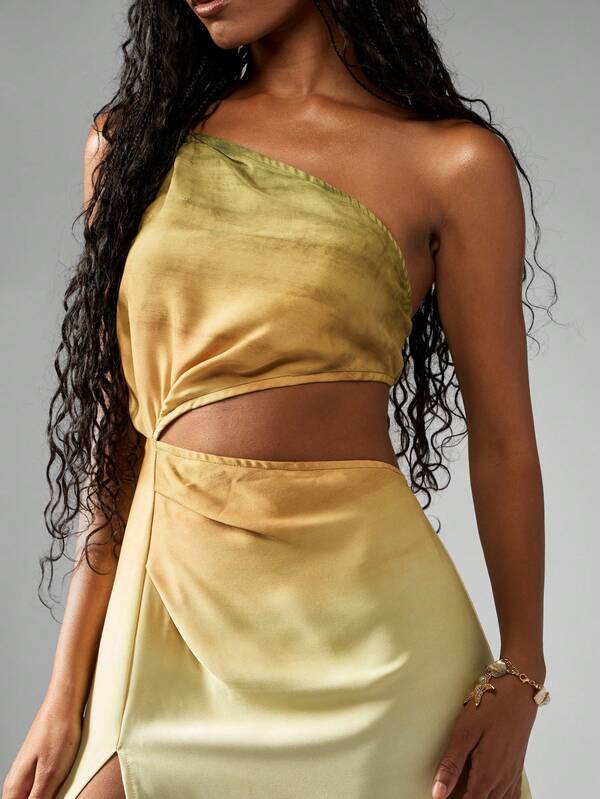 Missguided MISSGUIDED One Shoulder Cut Out Ombre Satin Side Slit Maxi Dress