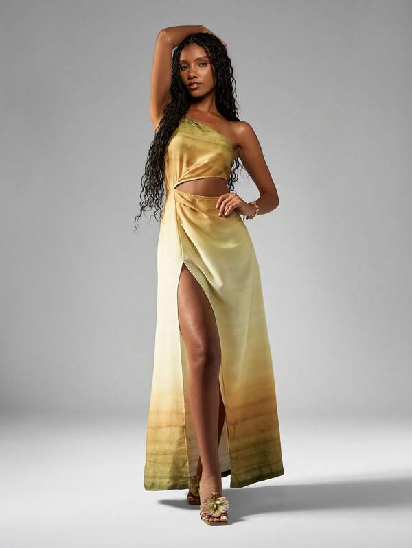 Missguided MISSGUIDED One Shoulder Cut Out Ombre Satin Side Slit Maxi Dress