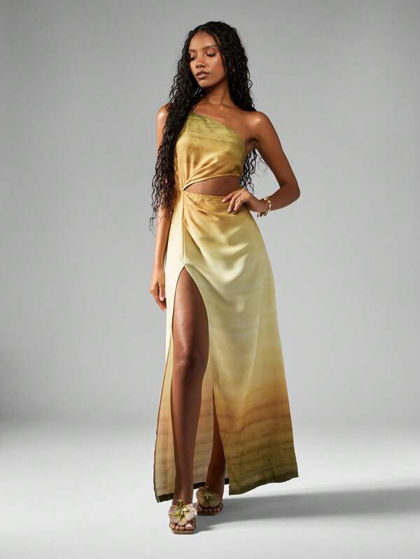 missguided MISSGUIDED One Shoulder Cut Out Ombre Satin Side Slit Maxi Dress