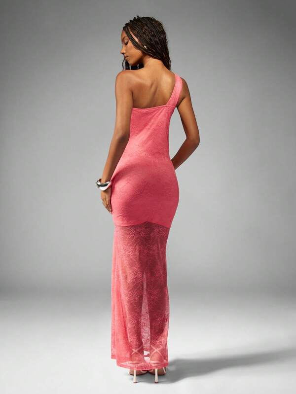 Missguided MISSGUIDED One Shoulder Cut Out Textured Lace Floor Length Stretch Maxi Dress