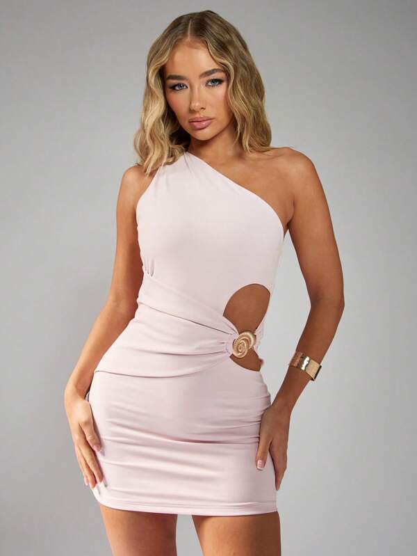 missguided MISSGUIDED One Shoulder Cutout Gold Ring Side Ruching Bodycon Mini Dress