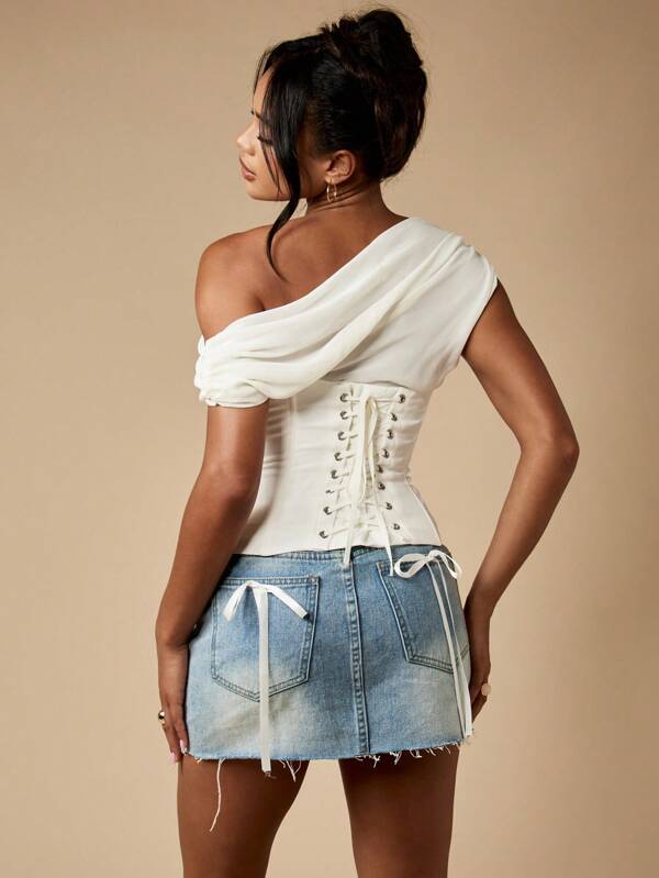 Missguided MISSGUIDED One Shoulder Draped Corset Top With Lace Back