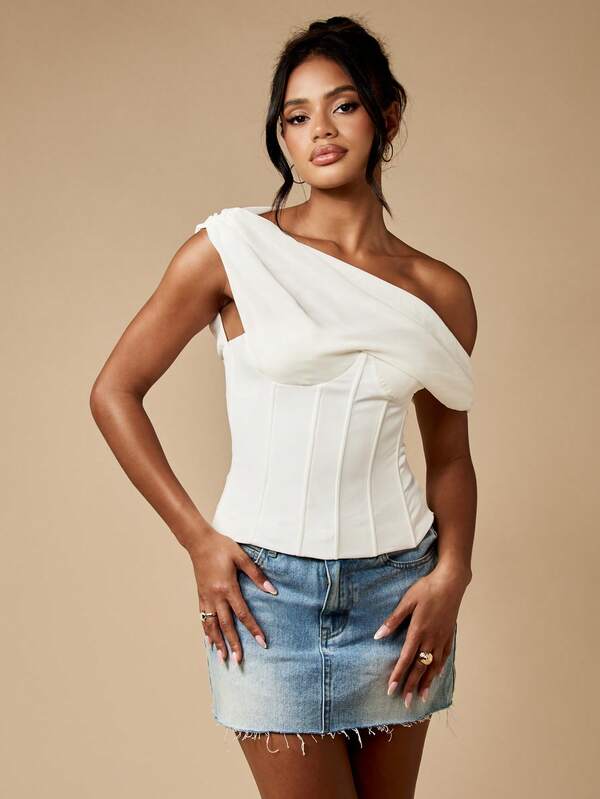 Missguided MISSGUIDED One Shoulder Draped Corset Top With Lace Back