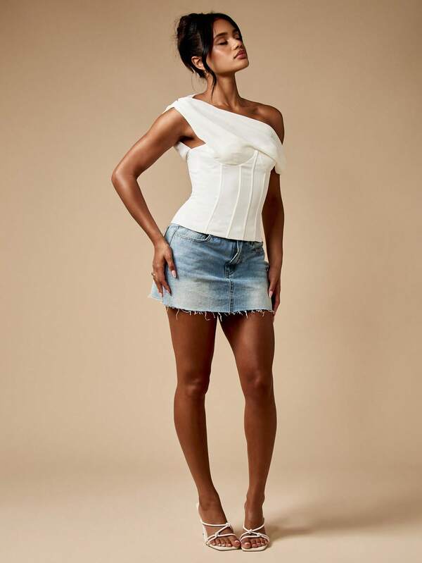 Missguided MISSGUIDED One Shoulder Draped Corset Top With Lace Back