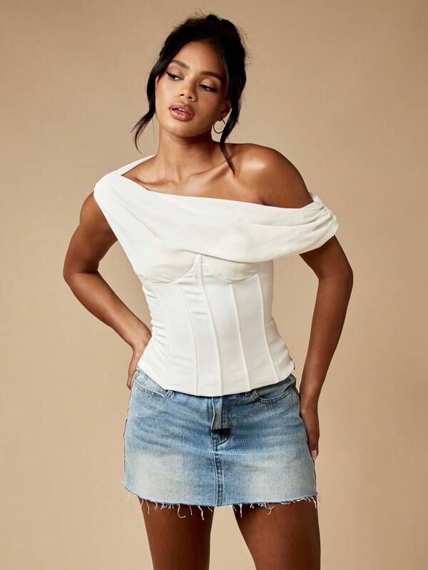 missguided MISSGUIDED One Shoulder Draped Corset Top With Lace Back