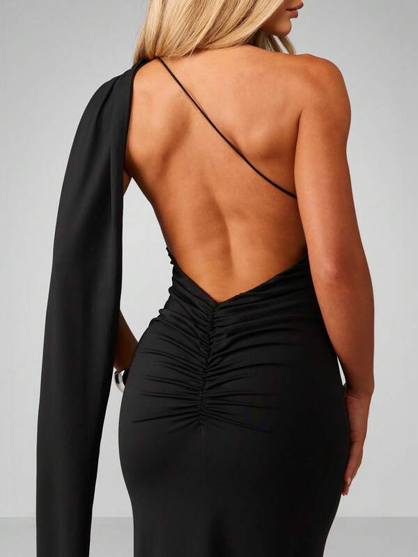 Missguided MISSGUIDED One Shoulder Draped Maxi Dress With Open Back