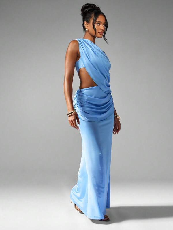 Missguided MISSGUIDED One Shoulder Draped Maxi Dress With Side Cut Out