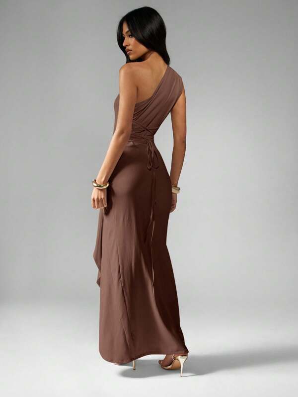 Missguided MISSGUIDED One Shoulder Draped Ruched Side Split Formal Maxi Dress