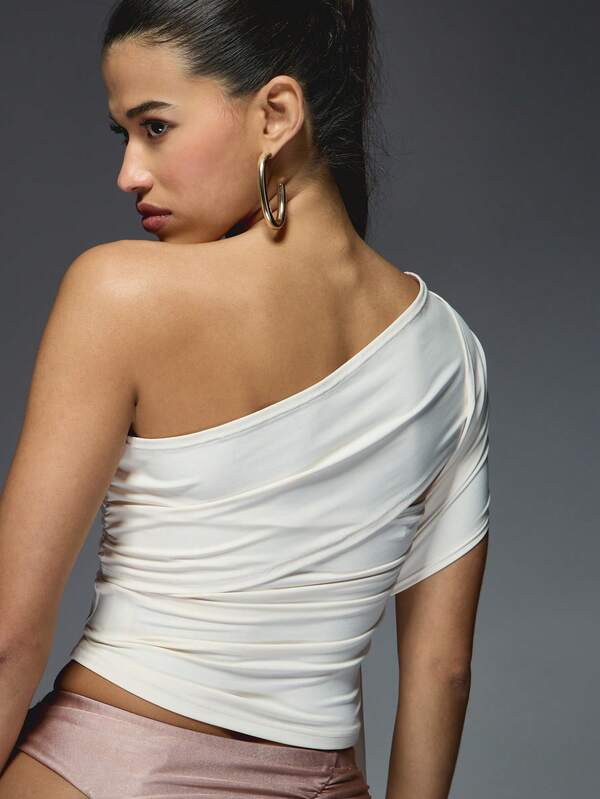 Missguided MISSGUIDED One Shoulder Draped Top With Side Tie Detail