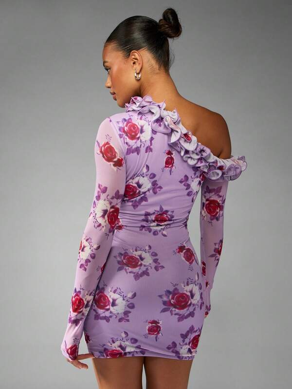 Missguided MISSGUIDED One Shoulder Floral Print Mini Dress With Ruffles