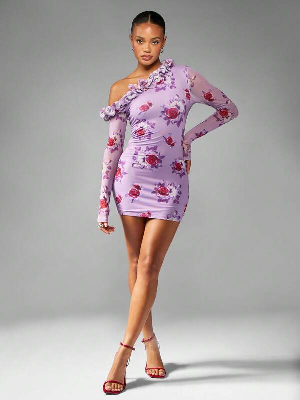 Missguided MISSGUIDED One Shoulder Floral Print Mini Dress With Ruffles