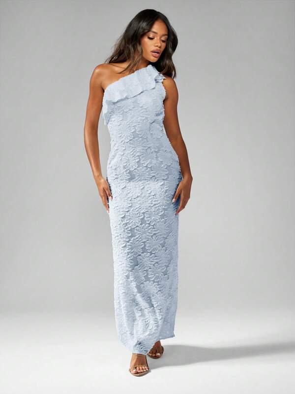 Missguided MISSGUIDED One Shoulder Floral Textured Ruffle Maxi Dress