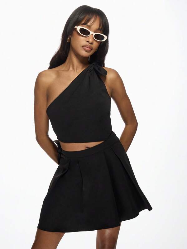 missguided MISSGUIDED One Shoulder Knot Detail Pleated Skater A-Line Bow Mini Dress
