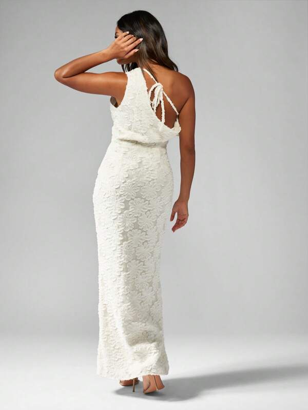 Missguided MISSGUIDED One Shoulder Lace Devore Evening Gown Long Formal Ruffle Detail