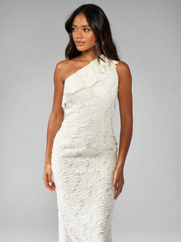 Missguided MISSGUIDED One Shoulder Lace Devore Evening Gown Long Formal Ruffle Detail
