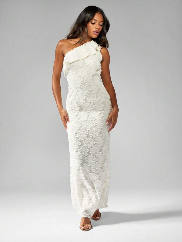 Missguided MISSGUIDED One Shoulder Lace Devore Evening Gown Long Formal Ruffle Detail