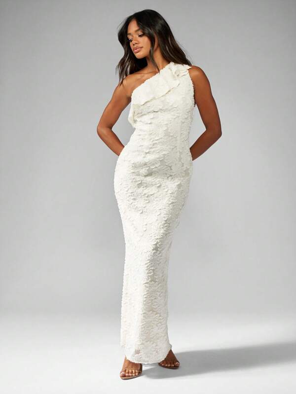 missguided MISSGUIDED One Shoulder Lace Devore Evening Gown Long Formal Ruffle Detail