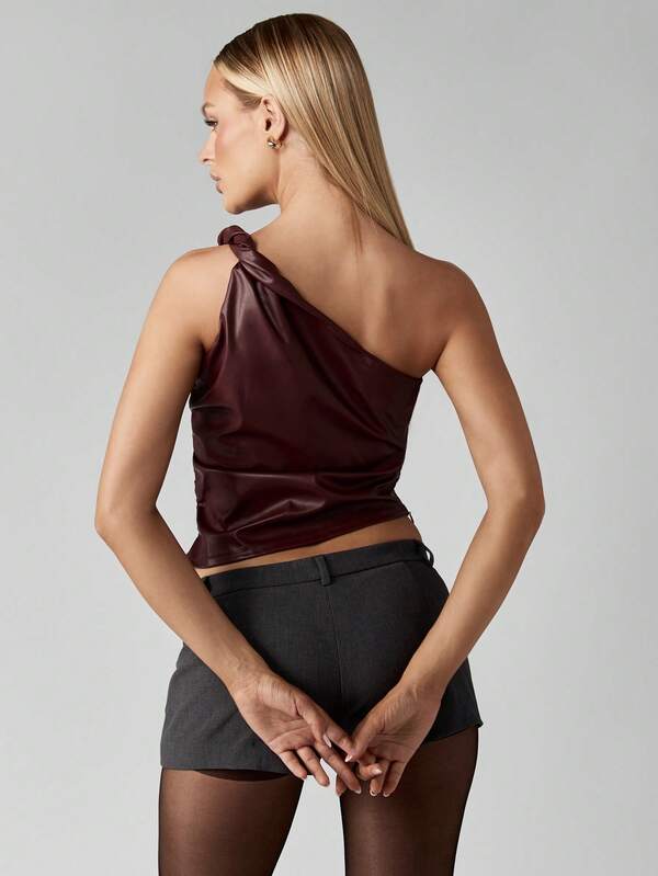 Missguided MISSGUIDED One Shoulder Leather Look Top