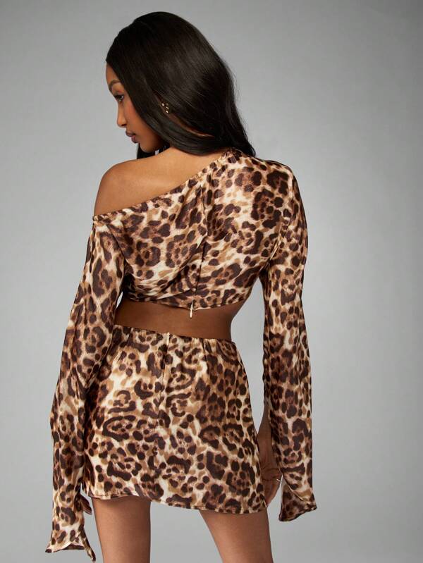 Missguided MISSGUIDED One Shoulder Leopard Print Drape Sleeve Cut-Out Mini Dress