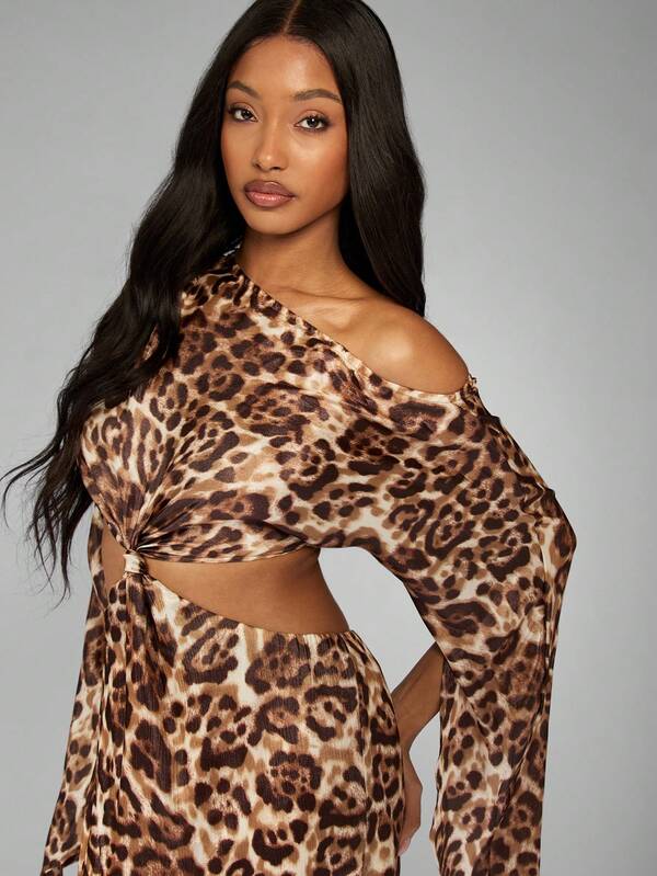 Missguided MISSGUIDED One Shoulder Leopard Print Drape Sleeve Cut-Out Mini Dress