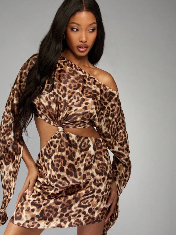 missguided MISSGUIDED One Shoulder Leopard Print Drape Sleeve Cut-Out Mini Dress