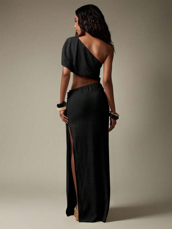 Missguided MISSGUIDED One Shoulder Linen Maxi Dress With Wicker Detail