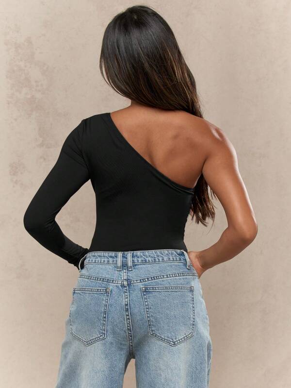 Missguided MISSGUIDED One Shoulder Long Sleeve Stretchy Bodysuit