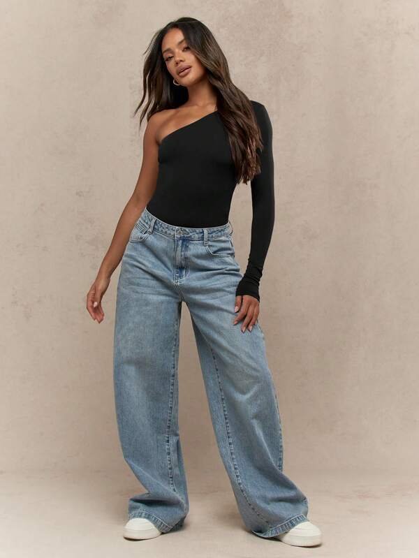 Missguided MISSGUIDED One Shoulder Long Sleeve Stretchy Bodysuit