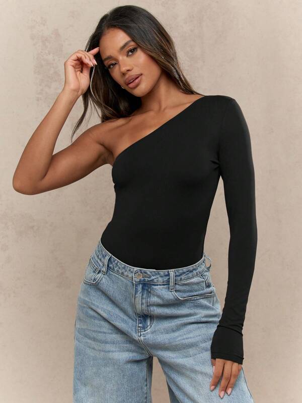 missguided MISSGUIDED One Shoulder Long Sleeve Stretchy Bodysuit