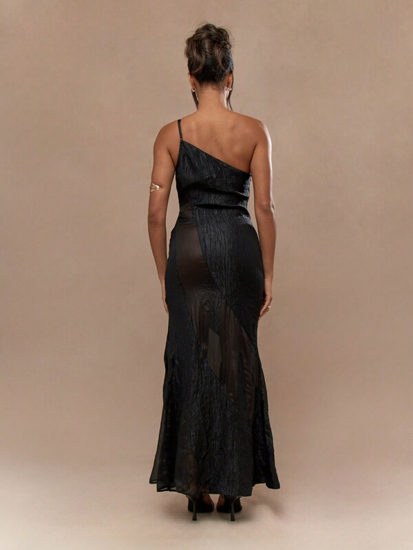 Missguided MISSGUIDED One Shoulder Mermaid Hem Sheer Mesh Maxi Dress