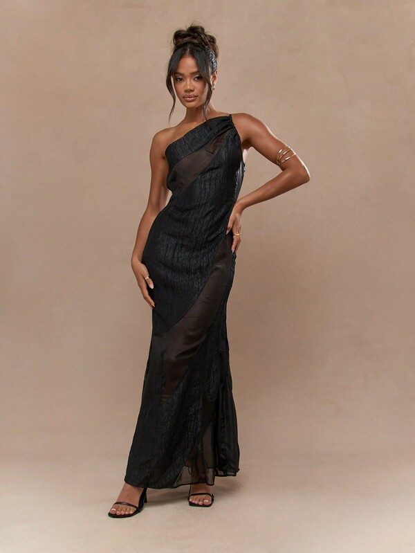 Missguided MISSGUIDED One Shoulder Mermaid Hem Sheer Mesh Maxi Dress
