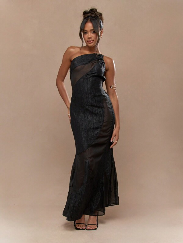 missguided MISSGUIDED One Shoulder Mermaid Hem Sheer Mesh Maxi Dress