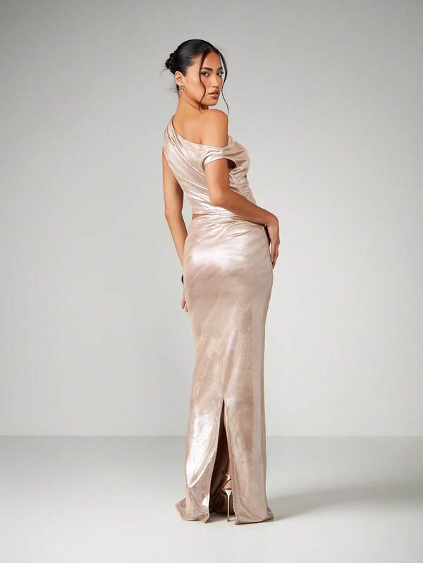 Missguided MISSGUIDED One Shoulder Metallic Maxi Dress