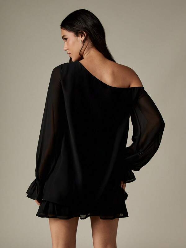 Missguided MISSGUIDED One Shoulder Mini Dress With Puff Sleeves And Ruffles