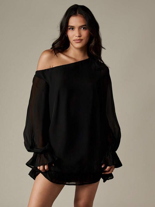 Missguided MISSGUIDED One Shoulder Mini Dress With Puff Sleeves And Ruffles