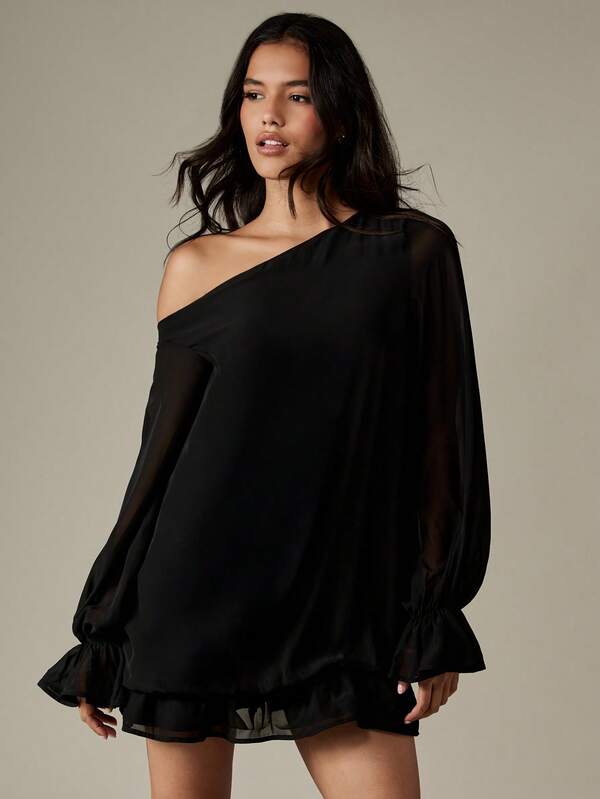missguided MISSGUIDED One Shoulder Mini Dress With Puff Sleeves And Ruffles