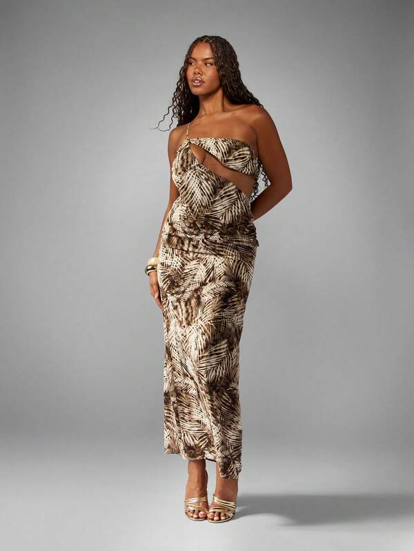 Missguided MISSGUIDED One Shoulder Palm Print Maxi Dress With Cut Out Design