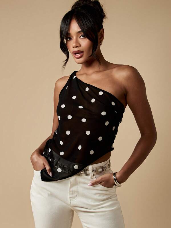 Missguided MISSGUIDED One Shoulder Polka Dot Asymmetrical Drape Top
