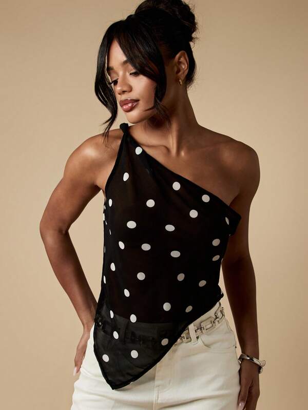 missguided MISSGUIDED One Shoulder Polka Dot Asymmetrical Drape Top missguided MISSGUIDED One Shoulder Polka Dot Asymmetrical Drape Top