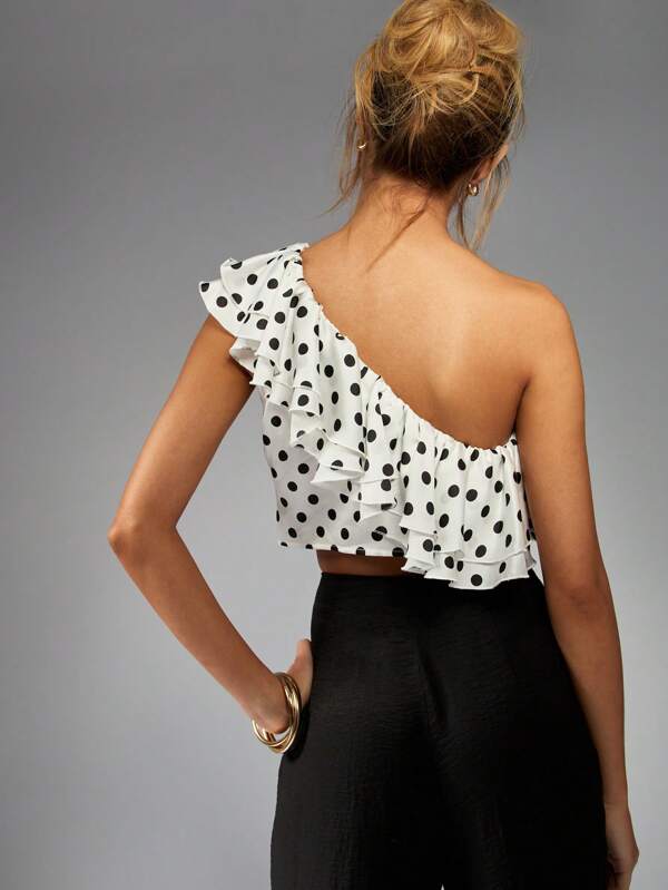 Missguided MISSGUIDED One Shoulder Polka Dot Ruffle Crop Top