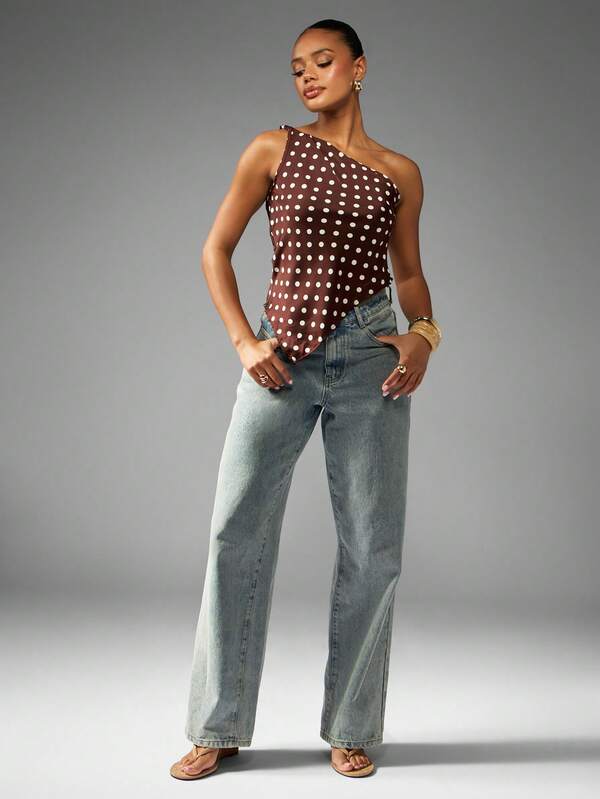 Missguided MISSGUIDED One Shoulder Polka Dot Top With Asymmetric Hem