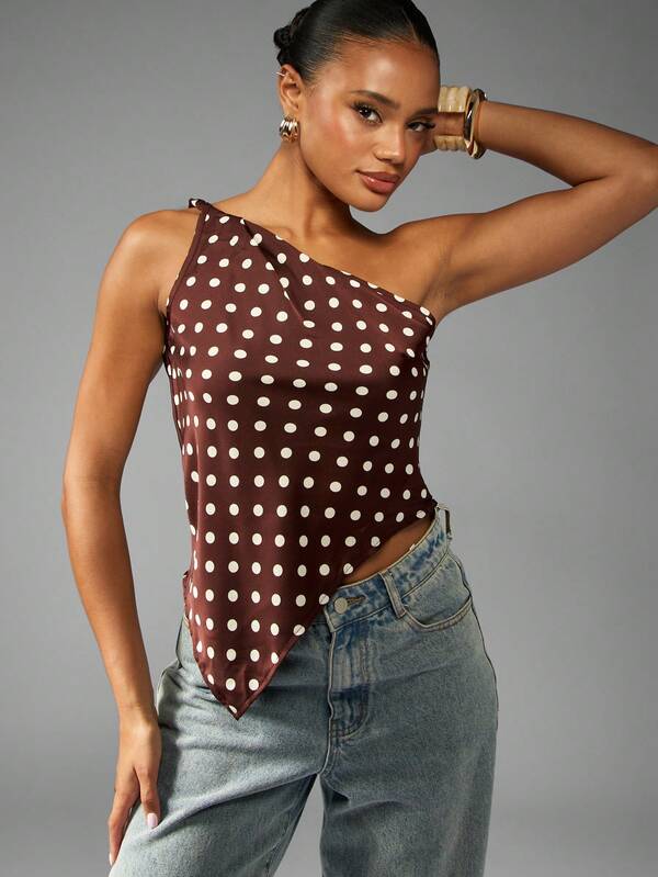 missguided MISSGUIDED One Shoulder Polka Dot Top With Asymmetric Hem