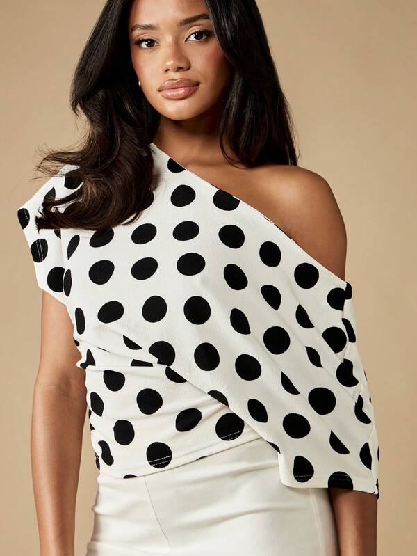 Missguided MISSGUIDED One Shoulder Puff Sleeve Polka Dot Blouse