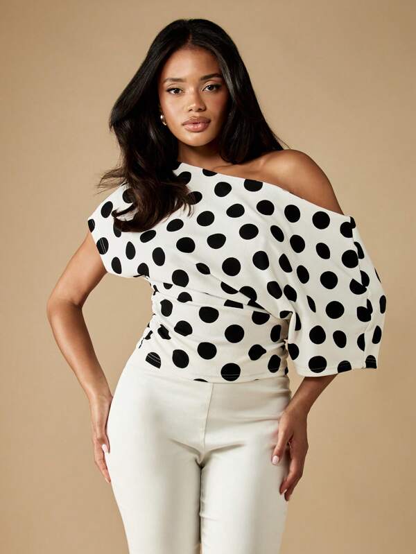 missguided MISSGUIDED One Shoulder Puff Sleeve Polka Dot Blouse