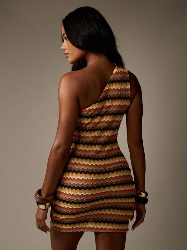 Missguided MISSGUIDED One Shoulder Retro Wave Crochet Pattern Bodycon Mini Dress