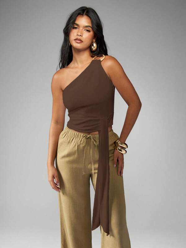 missguided MISSGUIDED One Shoulder Ring Detail Side Tie Asymmetric Neckline Top