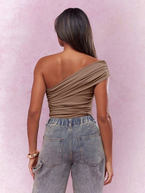 Missguided MISSGUIDED One Shoulder Ruched Bodysuit With Draped Design