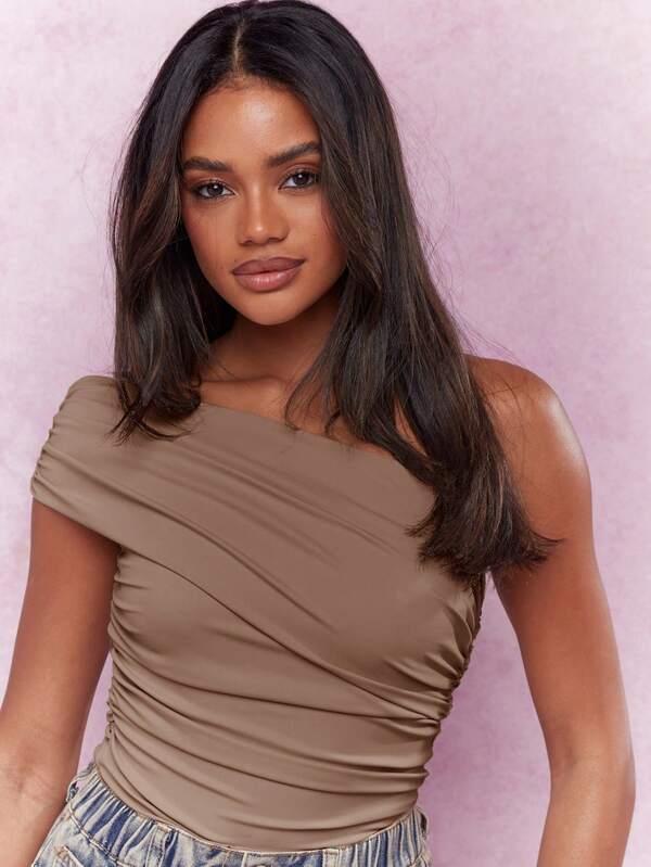 Missguided MISSGUIDED One Shoulder Ruched Bodysuit With Draped Design