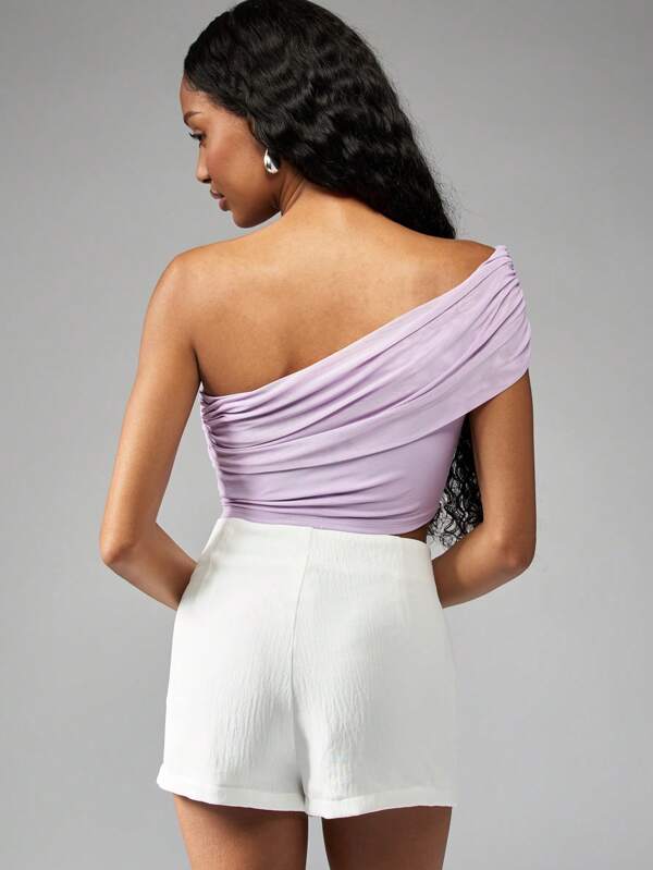 Missguided MISSGUIDED One Shoulder Ruched Crop Top Stretch Mesh Sleeveless Lightweight