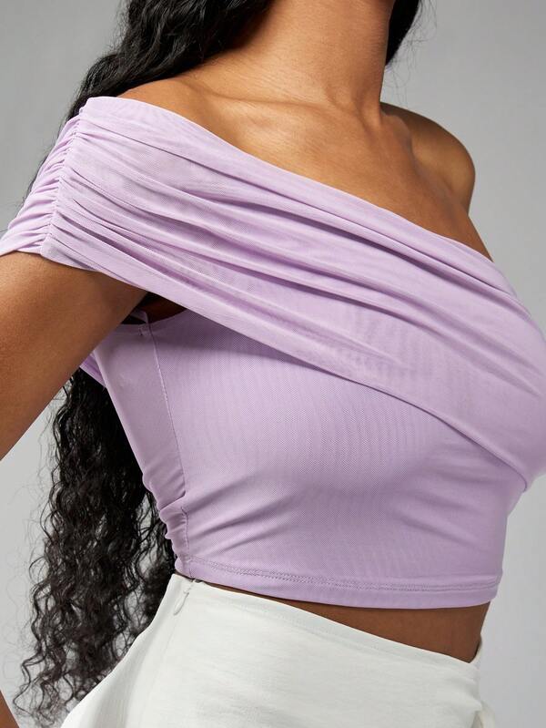 Missguided MISSGUIDED One Shoulder Ruched Crop Top Stretch Mesh Sleeveless Lightweight